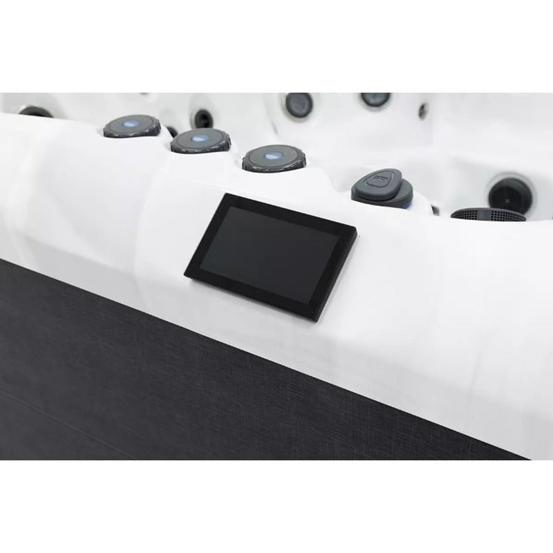 Detailed view of the touch display on the Platinum Spas Sicily Hot Tub - modern control with intuitive user interface and Wi-Fi connectivity.